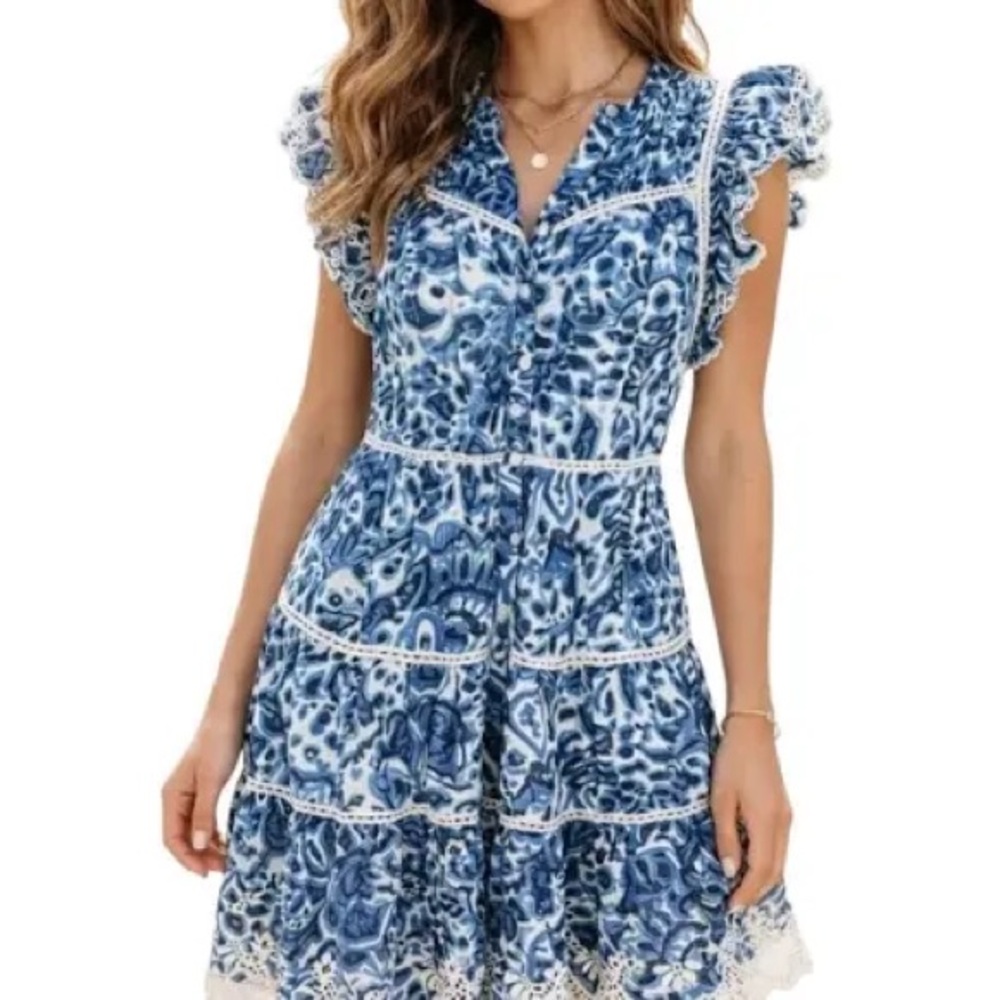 House of Harlow 1960 Blue Floral Ruffle Tiered Midi Dress